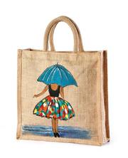 Jute hand painted bag lady with umbrella look manufacturer,  exporter